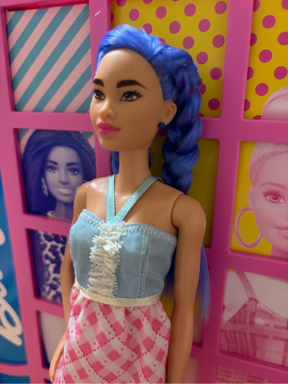 Barbie Doll with Blue Hair and Pink Plaid Dress